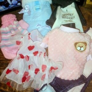 Lot of XS adorable dog clothes,hat & pet sling carrier